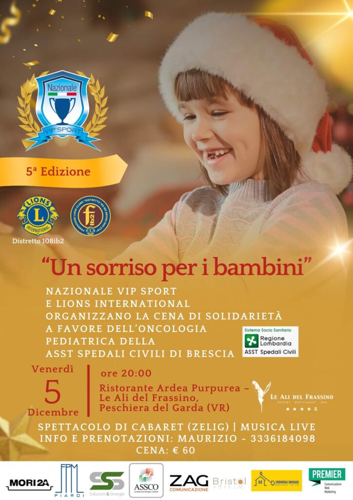locandina per l'evento u sorriso per i bambini 2025 dove viene rappresentata una bambina sorridente con il cappello di natale